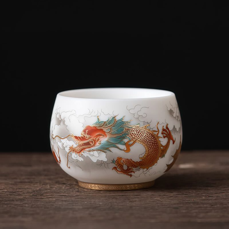 Chinese Ceramic Koi Fish Teacup with Phoenix Dragon Design Chinese Ceramic Koi Fish Teacup with Phoenix Dragon Design