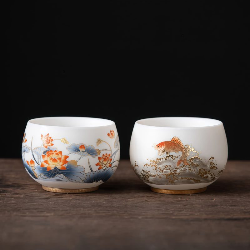 Chinese Ceramic Koi Fish Teacup with Phoenix Dragon Design Chinese Ceramic Koi Fish Teacup with Phoenix Dragon Design