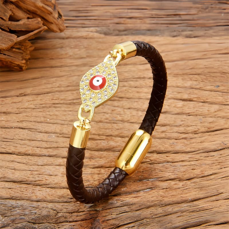 Pulsera de Cuero y Acero Inoxidable Ojo Turco Evil Eye Leather Stainless Steel Bracelet