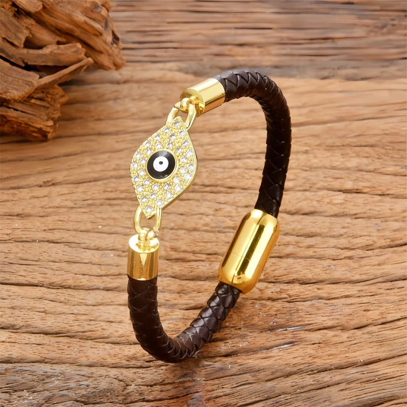 Pulsera de Cuero y Acero Inoxidable Ojo Turco Evil Eye Leather Stainless Steel Bracelet