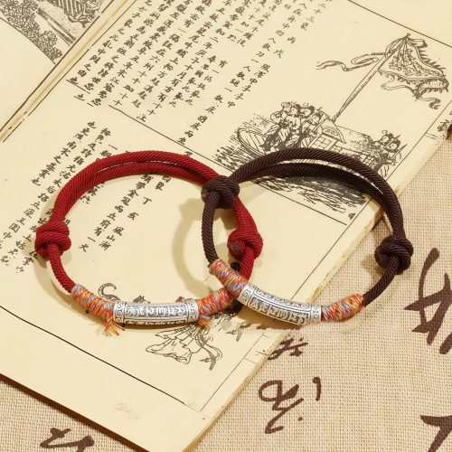 ハンドメイド 999純銀製 六字真言（オム・マニ・パドメ・フム）編み込みブレスレット