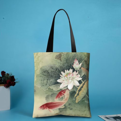 Handgefertigte Canvas-Schultertasche mit Koi-Motiv Handgefertigte Canvas-Schultertasche mit Koi-Motiv
