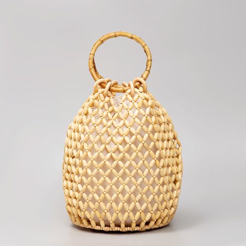 Bolso de Cuentas de Madera con Asa de Bambú Tejido a Mano Bolso de Cuentas de Madera con Asa de Bambú Tejido a Mano