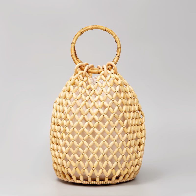Bolso de Cuentas de Madera con Asa de Bambú Tejido a Mano Handwoven Wooden Beads Bamboo Handle Bag