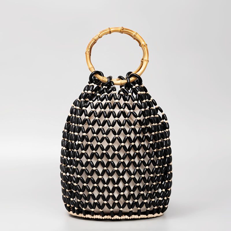 Bolso de Cuentas de Madera con Asa de Bambú Tejido a Mano Handwoven Wooden Beads Bamboo Handle Bag