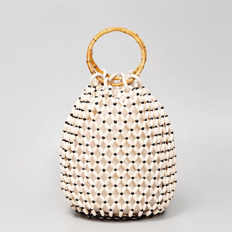 Bolso de Cuentas de Madera con Asa de Bambú Tejido a Mano Handwoven Wooden Beads Bamboo Handle Bag
