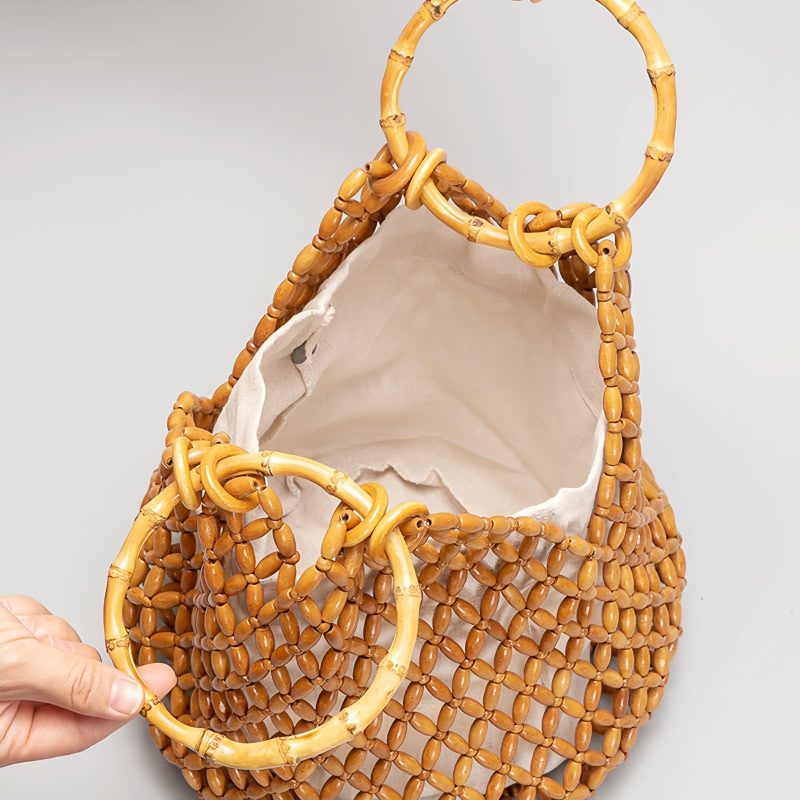 Bolso de Cuentas de Madera con Asa de Bambú Tejido a Mano Handwoven Wooden Beads Bamboo Handle Bag