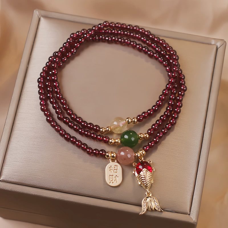 Natural Garnet Quartz Koi Fish Triple Wrap Bracelet Natural Garnet Quartz Koi Fish Triple Wrap Bracelet