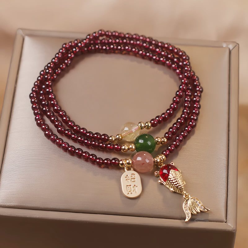 Natural Garnet Quartz Koi Fish Triple Wrap Bracelet Natural Garnet Quartz Koi Fish Triple Wrap Bracelet