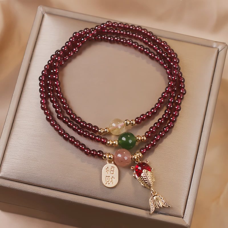 Natural Garnet Quartz Koi Fish Triple Wrap Bracelet Natural Garnet Quartz Koi Fish Triple Wrap Bracelet