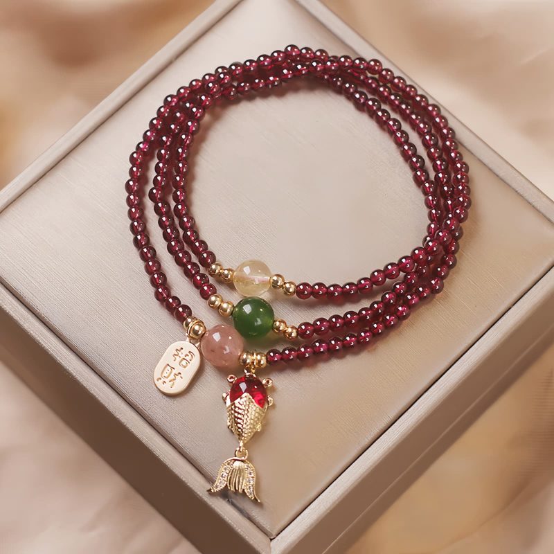 Natural Garnet Quartz Koi Fish Triple Wrap Bracelet Natural Garnet Quartz Koi Fish Triple Wrap Bracelet