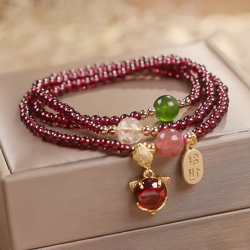 Natural Garnet Quartz Koi Fish Triple Wrap Bracelet Natural Garnet Quartz Koi Fish Triple Wrap Bracelet