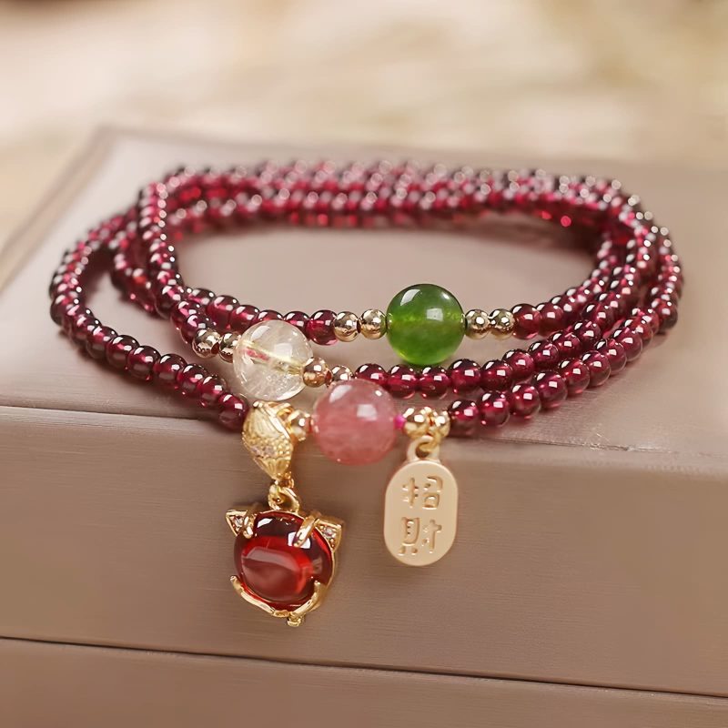 Natural Garnet Quartz Koi Fish Triple Wrap Bracelet Natural Garnet Quartz Koi Fish Triple Wrap Bracelet