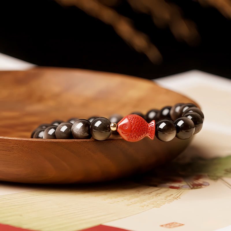 Natural Silver Sheen Obsidian Koi Fish Bracelet Natural Silver Sheen Obsidian Koi Fish Bracelet