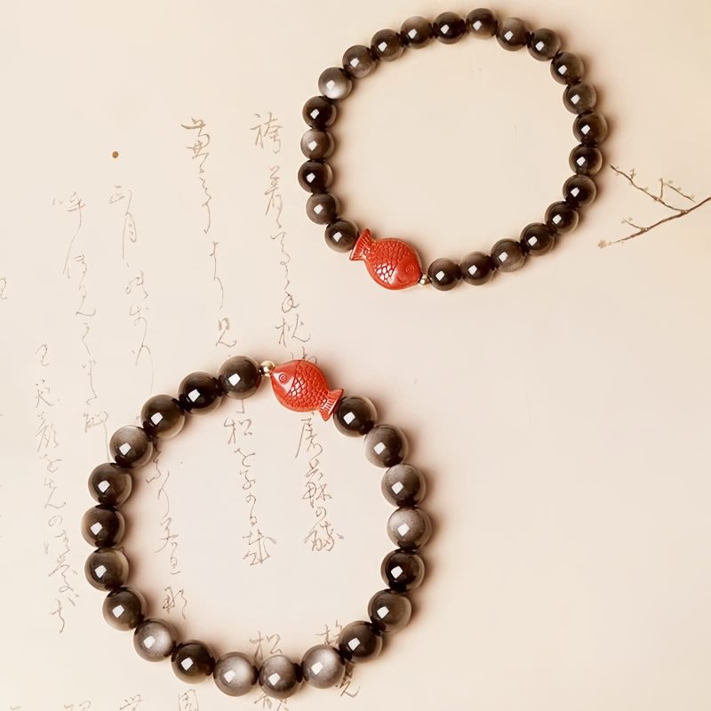 Natural Silver Sheen Obsidian Koi Fish Bracelet Natural Silver Sheen Obsidian Koi Fish Bracelet