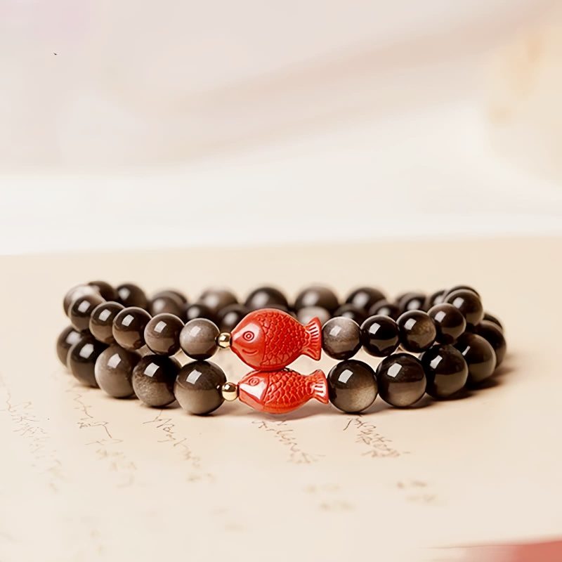 Natural Silver Sheen Obsidian Koi Fish Bracelet Natural Silver Sheen Obsidian Koi Fish Bracelet