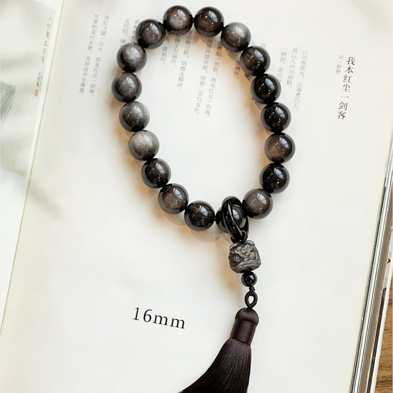 Natural Silver Sheen Obsidian Lion Wrist Mala Natural Silver Sheen Obsidian Lion Wrist Mala
