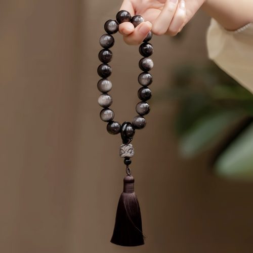 Pulseira Japamala de Pulso Leão em Obsidiana com Brilho Prateado Pulseira Japamala de Pulso Leão em Obsidiana com Brilho Prateado