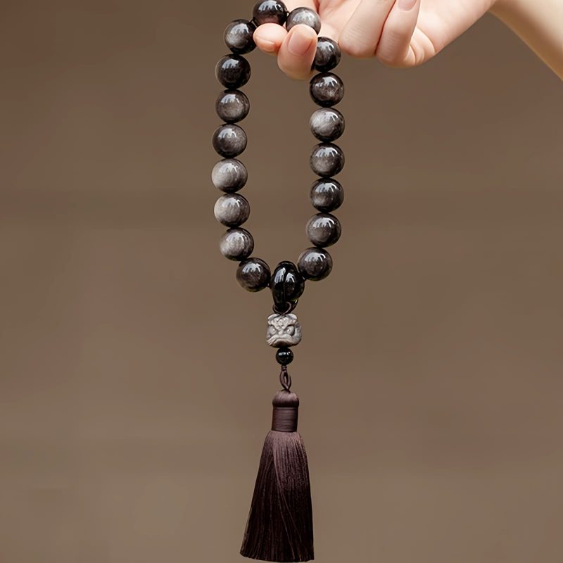 Natural Silver Sheen Obsidian Lion Wrist Mala Natural Silver Sheen Obsidian Lion Wrist Mala