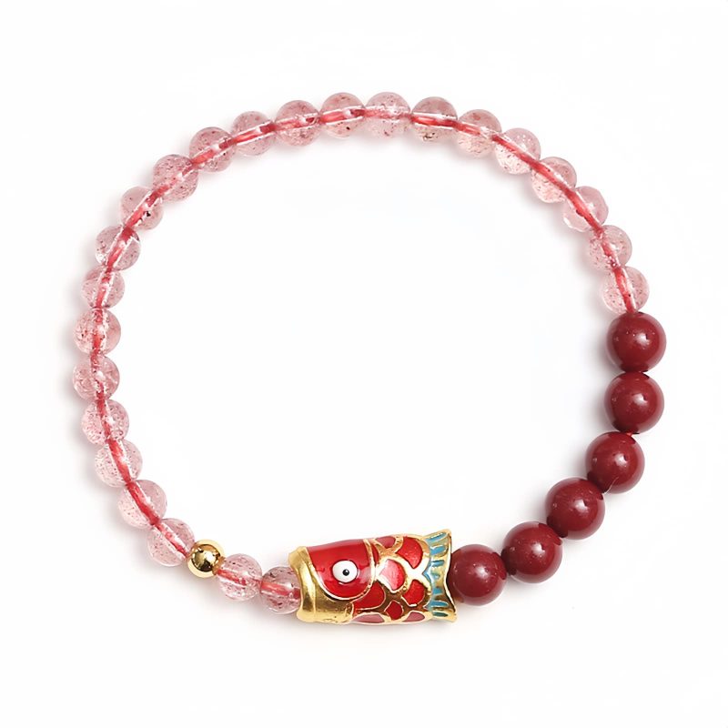 Natürliches Erdbeerquarz & Zinnober Koi-Fisch Armband Natural Strawberry Quartz Cinnabar Koi Fish Bracelet