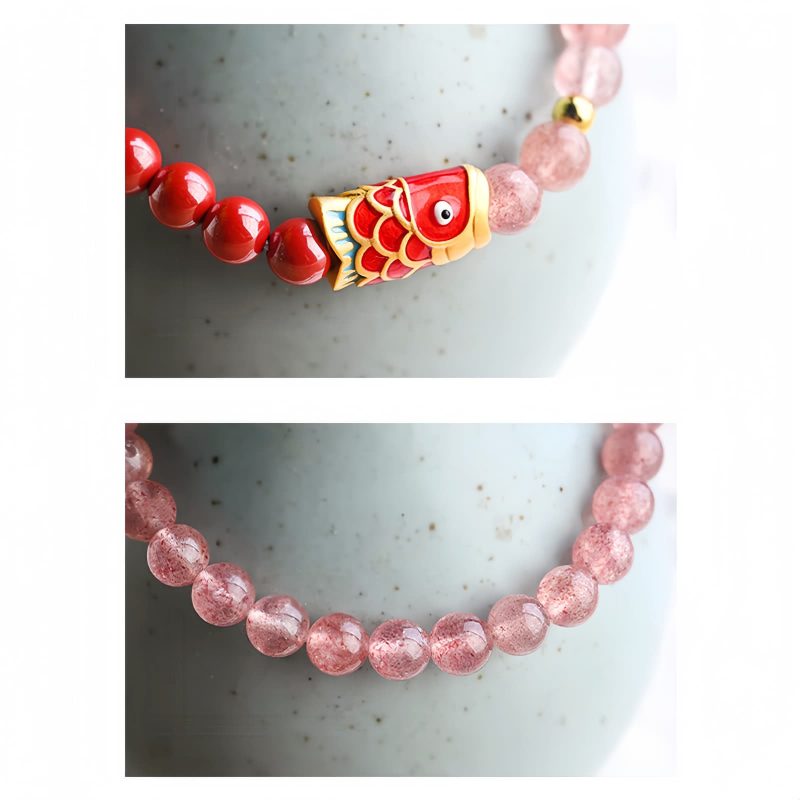 Natürliches Erdbeerquarz & Zinnober Koi-Fisch Armband Natural Strawberry Quartz Cinnabar Koi Fish Bracelet