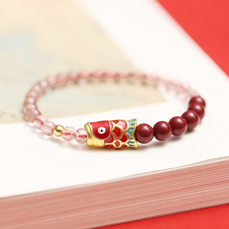 Natürliches Erdbeerquarz & Zinnober Koi-Fisch Armband Natural Strawberry Quartz Cinnabar Koi Fish Bracelet