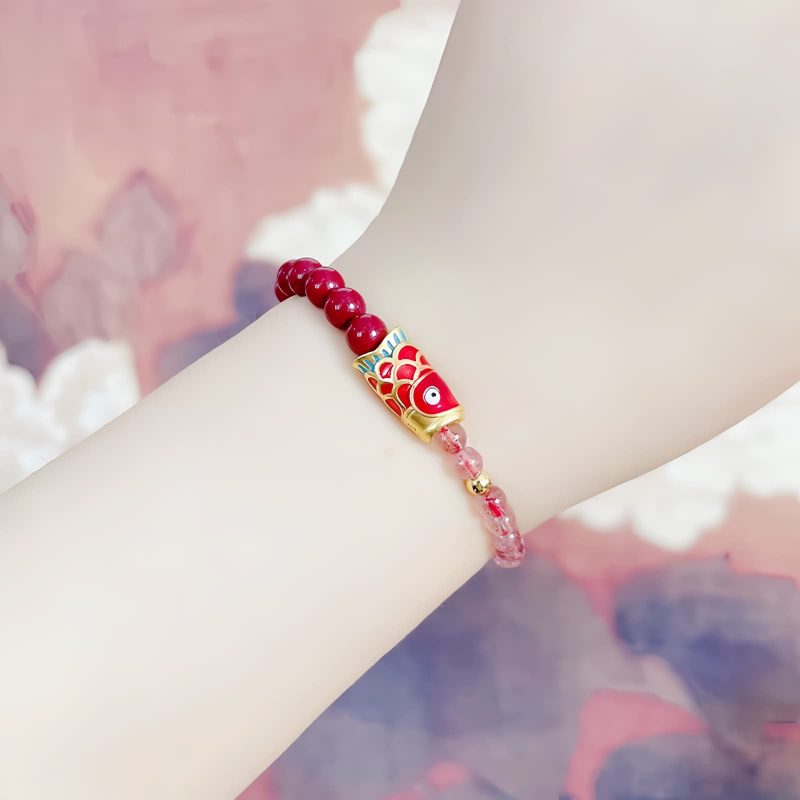 Natürliches Erdbeerquarz & Zinnober Koi-Fisch Armband Natural Strawberry Quartz Cinnabar Koi Fish Bracelet