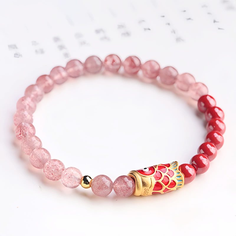Natürliches Erdbeerquarz & Zinnober Koi-Fisch Armband Natural Strawberry Quartz Cinnabar Koi Fish Bracelet