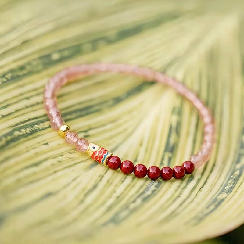Natürliches Erdbeerquarz & Zinnober Koi-Fisch Armband Natural Strawberry Quartz Cinnabar Koi Fish Bracelet