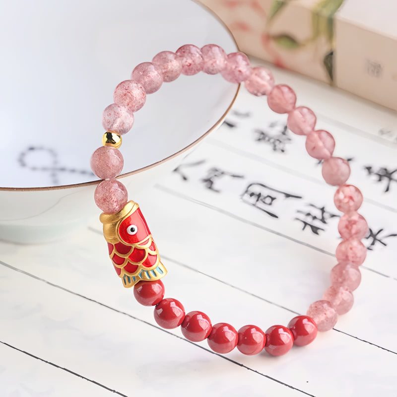 Natürliches Erdbeerquarz & Zinnober Koi-Fisch Armband Natural Strawberry Quartz Cinnabar Koi Fish Bracelet