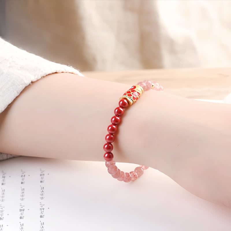 Natürliches Erdbeerquarz & Zinnober Koi-Fisch Armband Natural Strawberry Quartz Cinnabar Koi Fish Bracelet