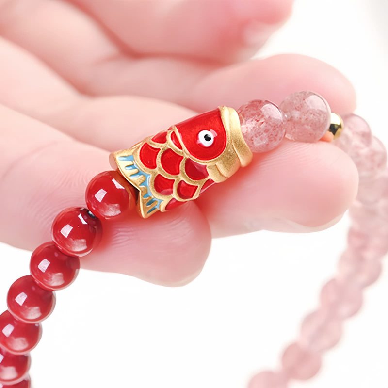 Natürliches Erdbeerquarz & Zinnober Koi-Fisch Armband Natural Strawberry Quartz Cinnabar Koi Fish Bracelet