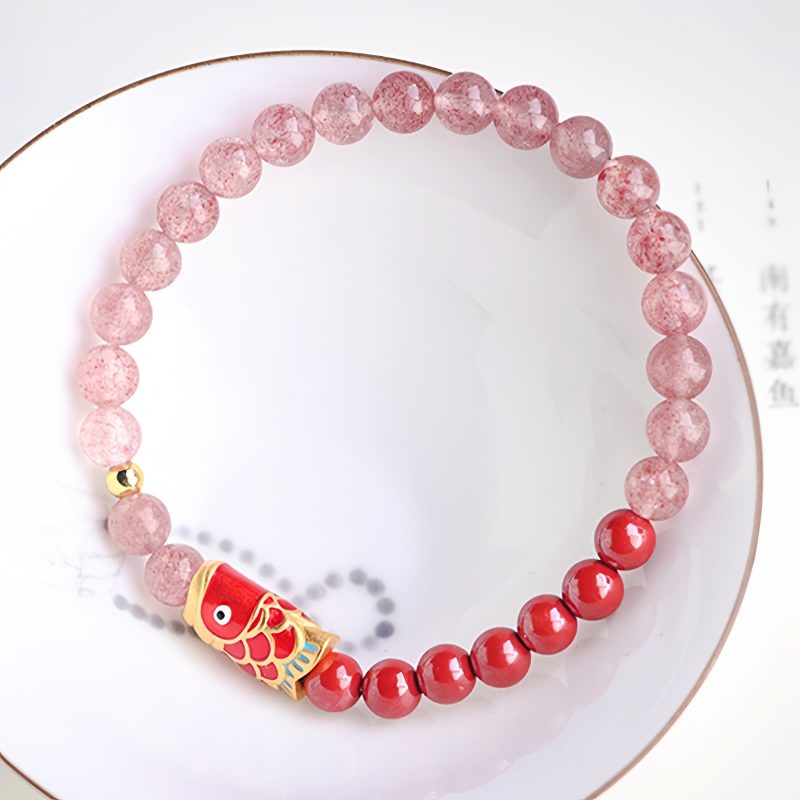 Natürliches Erdbeerquarz & Zinnober Koi-Fisch Armband Natural Strawberry Quartz Cinnabar Koi Fish Bracelet