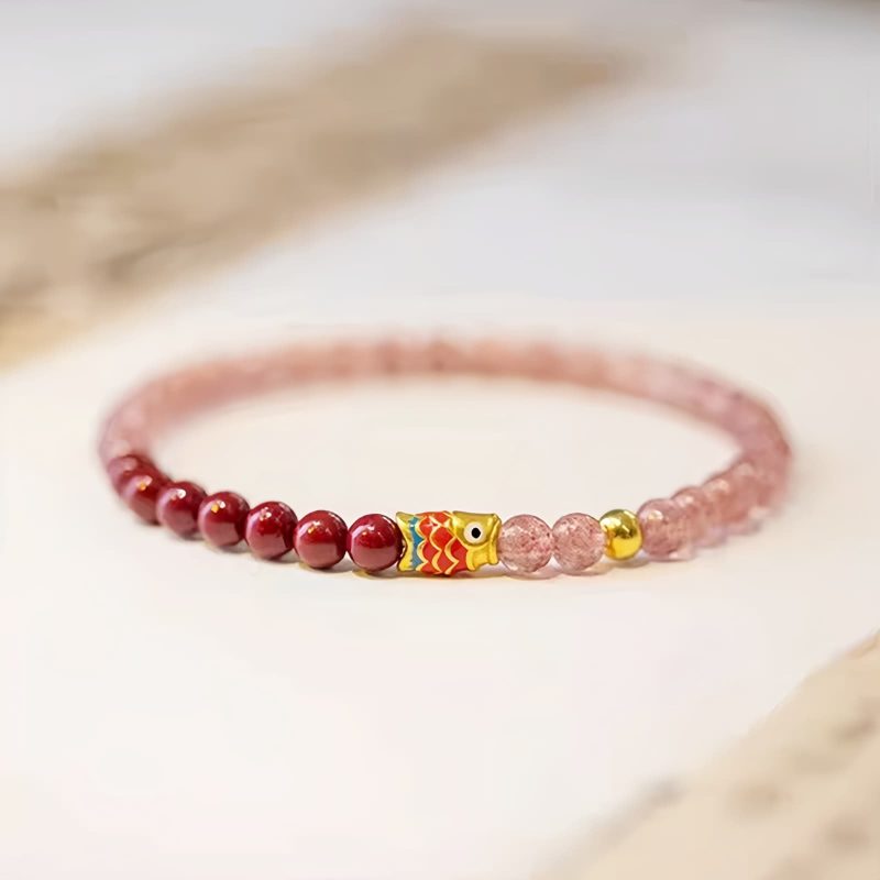 Natürliches Erdbeerquarz & Zinnober Koi-Fisch Armband Natural Strawberry Quartz Cinnabar Koi Fish Bracelet