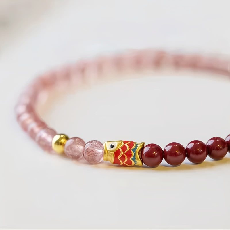 Natürliches Erdbeerquarz & Zinnober Koi-Fisch Armband Natural Strawberry Quartz Cinnabar Koi Fish Bracelet