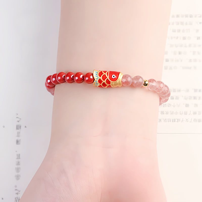 Natürliches Erdbeerquarz & Zinnober Koi-Fisch Armband Natural Strawberry Quartz Cinnabar Koi Fish Bracelet