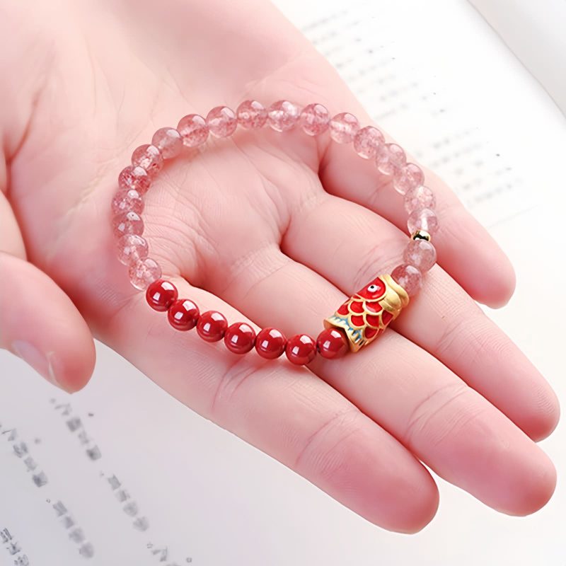 Natürliches Erdbeerquarz & Zinnober Koi-Fisch Armband Natural Strawberry Quartz Cinnabar Koi Fish Bracelet
