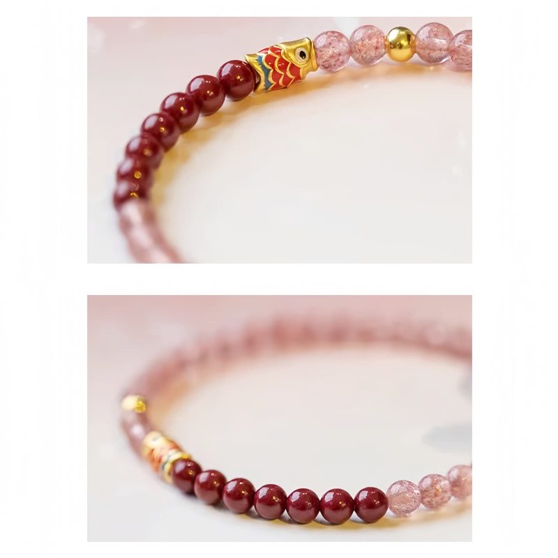 Natürliches Erdbeerquarz & Zinnober Koi-Fisch Armband Natural Strawberry Quartz Cinnabar Koi Fish Bracelet