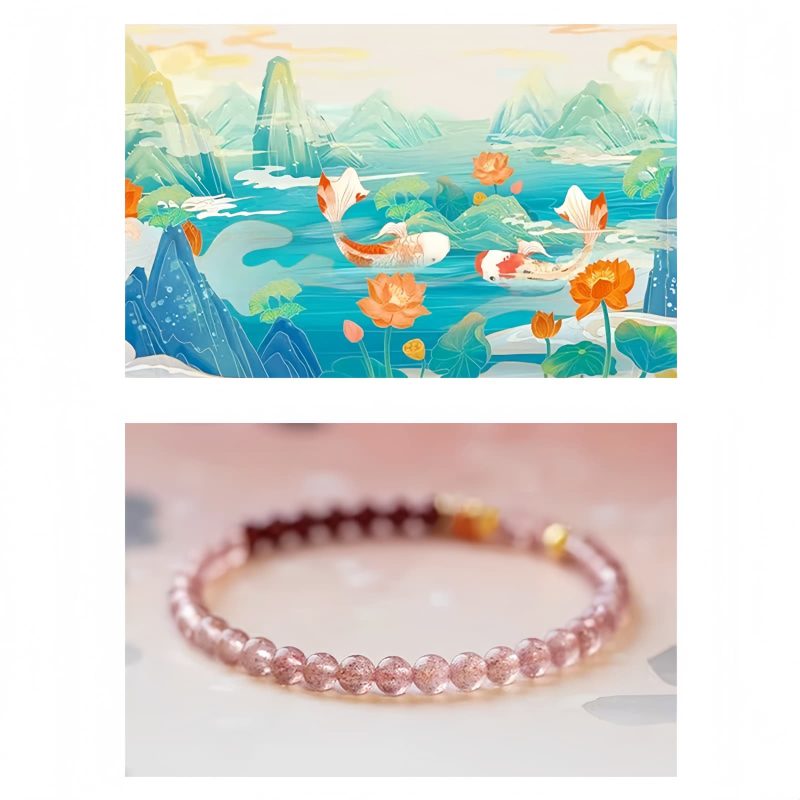 Natürliches Erdbeerquarz & Zinnober Koi-Fisch Armband Natural Strawberry Quartz Cinnabar Koi Fish Bracelet