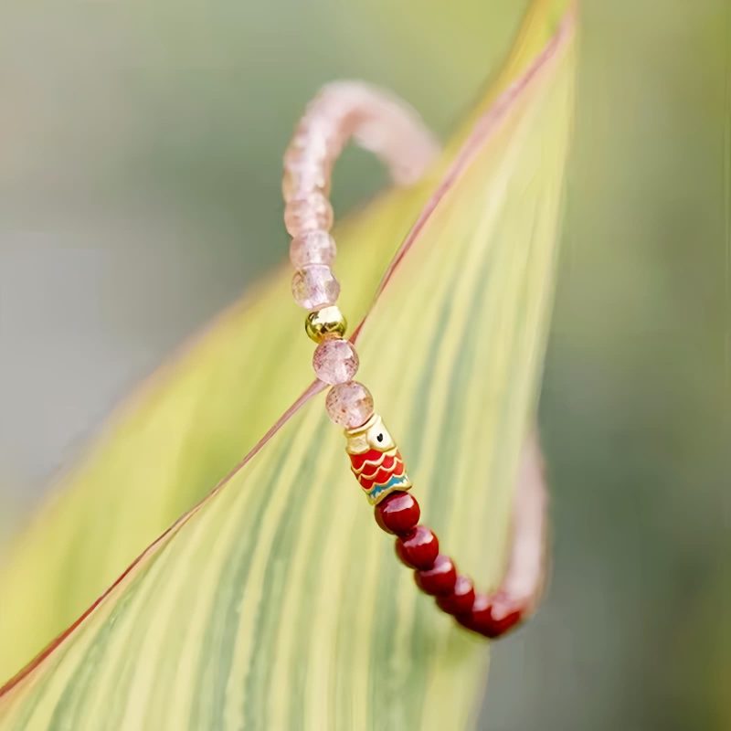 Natürliches Erdbeerquarz & Zinnober Koi-Fisch Armband Natural Strawberry Quartz Cinnabar Koi Fish Bracelet