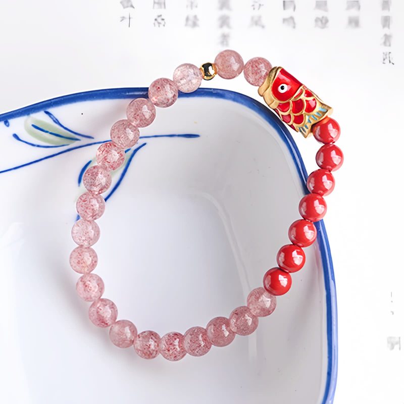 Natürliches Erdbeerquarz & Zinnober Koi-Fisch Armband Natural Strawberry Quartz Cinnabar Koi Fish Bracelet