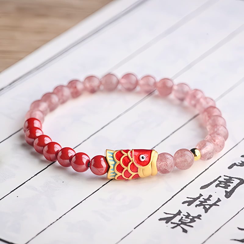 Natürliches Erdbeerquarz & Zinnober Koi-Fisch Armband Natural Strawberry Quartz Cinnabar Koi Fish Bracelet