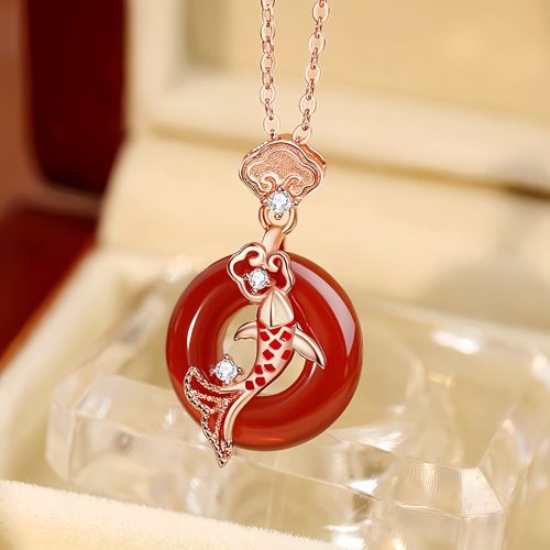 Red Agate Koi Fish Pendant Necklace