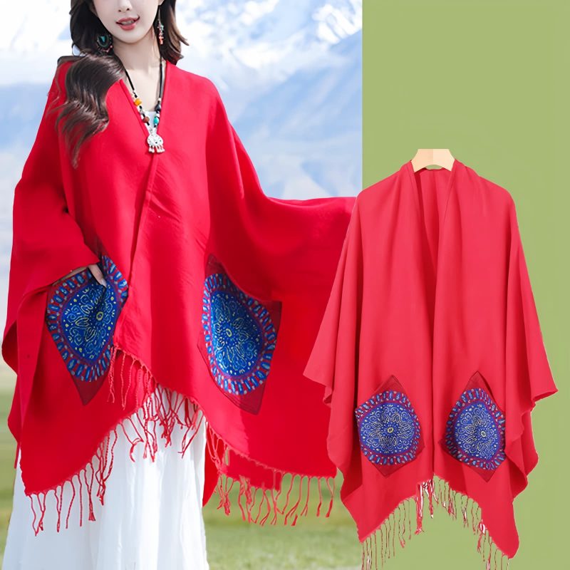 Tibetan Geometric Mandala Shawl with Pockets Tibetan Geometric Mandala Shawl with Pockets