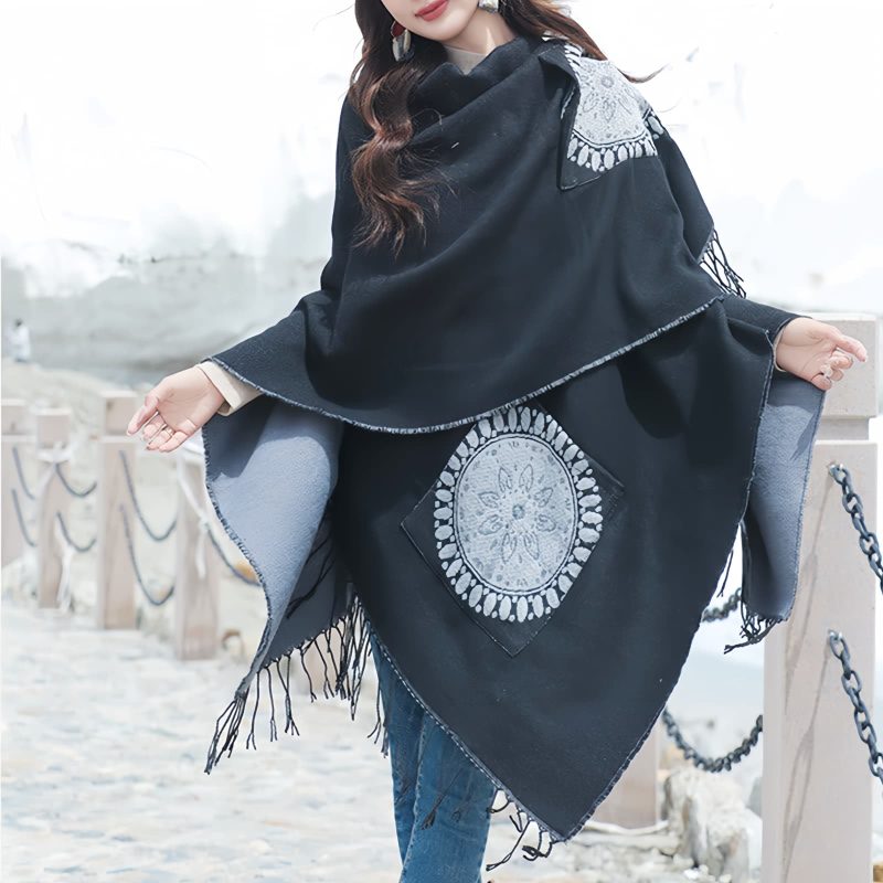 Tibetan Geometric Mandala Shawl with Pockets Tibetan Geometric Mandala Shawl with Pockets