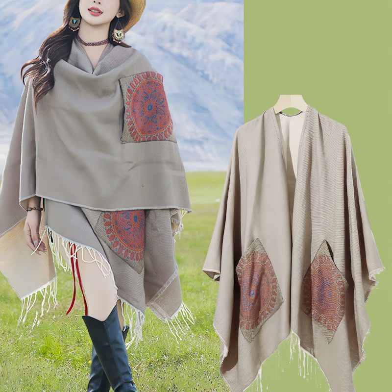 Tibetan Geometric Mandala Shawl with Pockets Tibetan Geometric Mandala Shawl with Pockets
