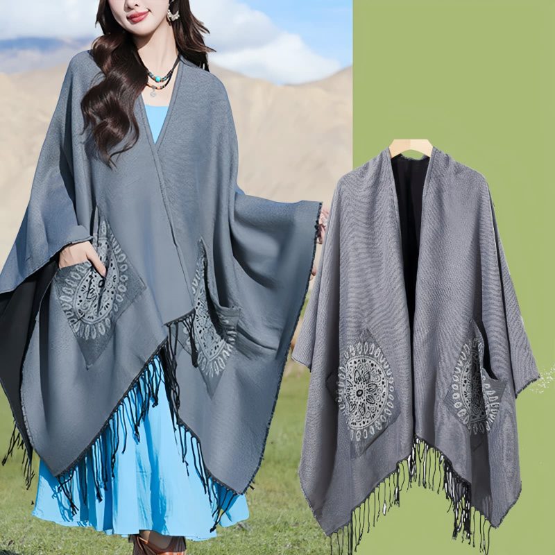 Tibetan Geometric Mandala Shawl with Pockets Tibetan Geometric Mandala Shawl with Pockets