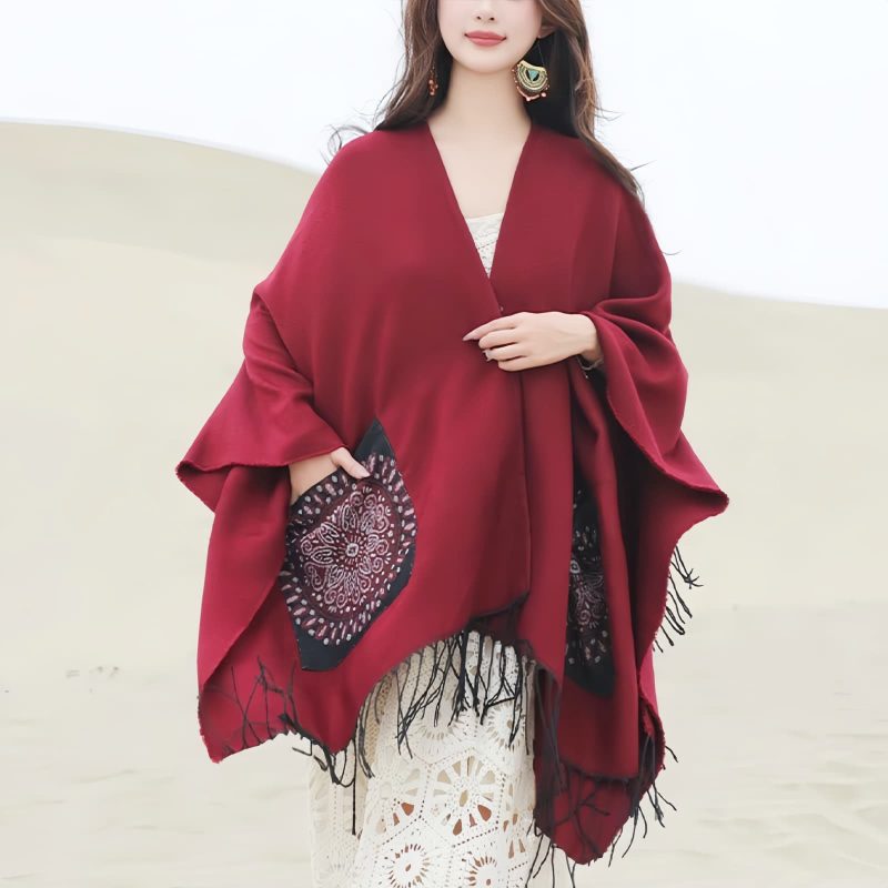Tibetan Geometric Mandala Shawl with Pockets Tibetan Geometric Mandala Shawl with Pockets