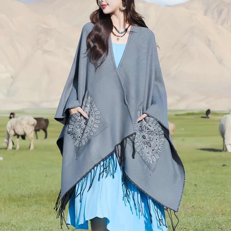 Tibetan Geometric Mandala Shawl with Pockets Tibetan Geometric Mandala Shawl with Pockets