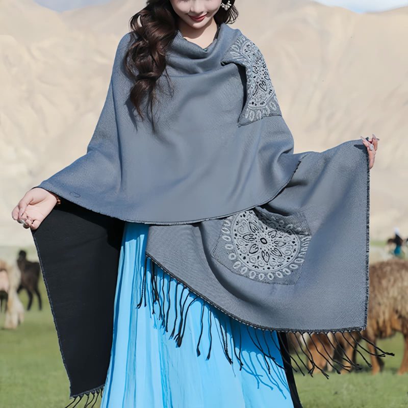 Tibetan Geometric Mandala Shawl with Pockets Tibetan Geometric Mandala Shawl with Pockets